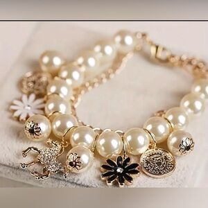 New Faux Pearl gold Charm Toggle Bracelet